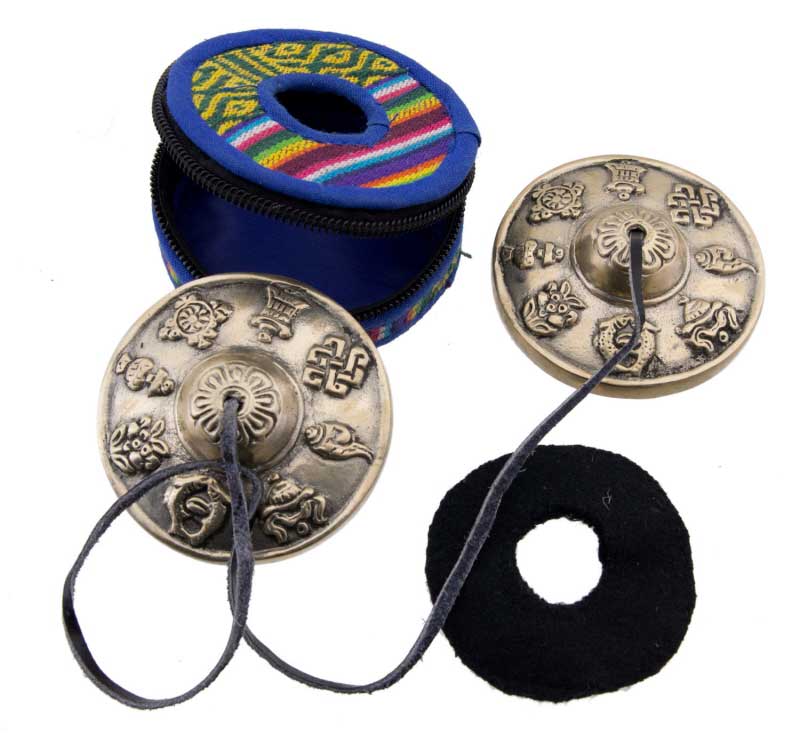 Cymbales Tingsha tibetaines 70mm Symboles auspicieux Crotale avec etui