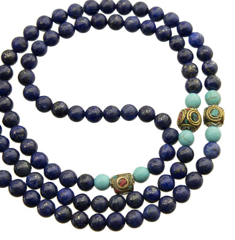 Collier Népalais Grande Longueur - Perle Turquoise Et Bois - Bouddhiste Homme Ou Femme