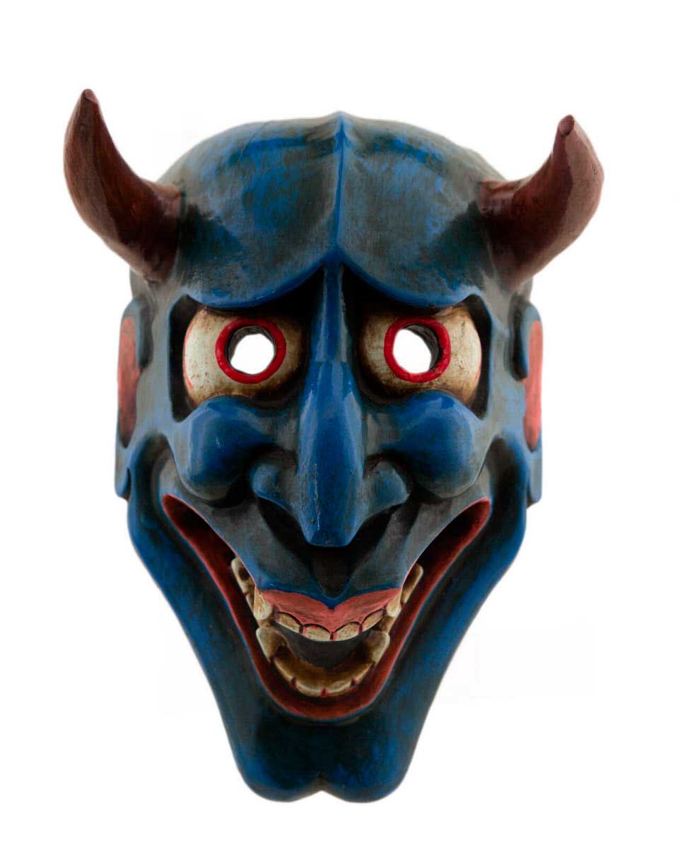 Masque Japonais Diable En Bois Sculpté - Vintage Fait Main - Déco Murale