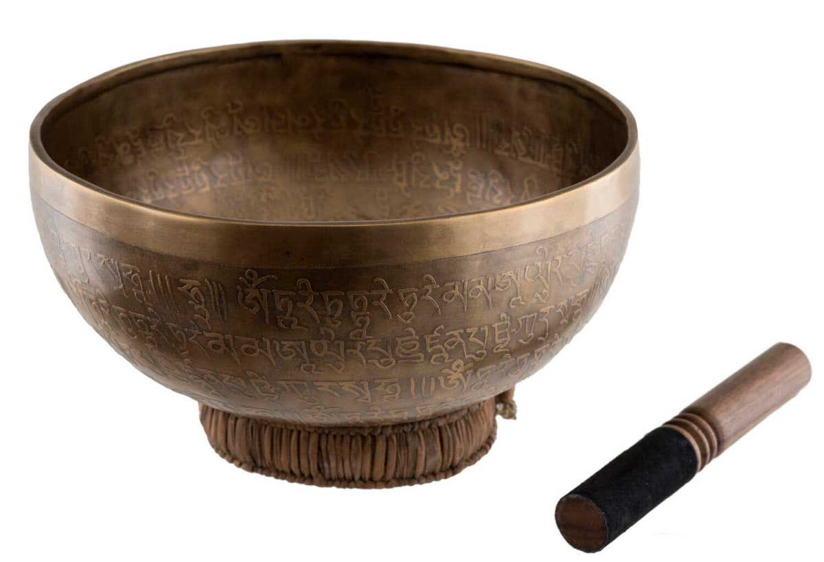 Coffret avec bol chantant de 14 cm : gravure Bouddha