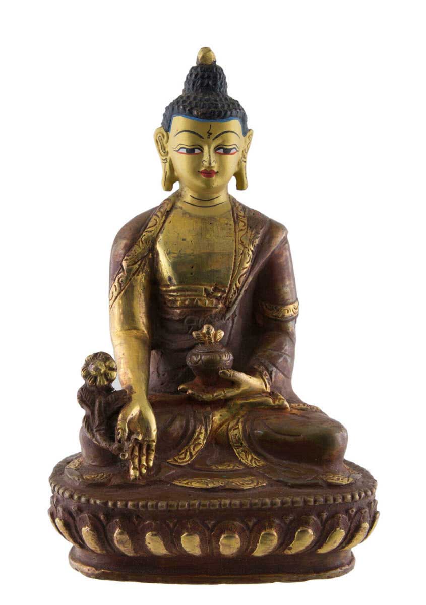 Bouddha de la Médecine Statue tibétaine 14cm en Cuivre et Or Nepal