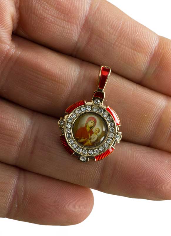 Pendentif Religieux Orthodoxe Vierge De Kazan - Plaqué Or Rose, Rouge