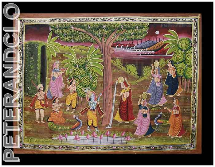 Peinture indienne sur soie chevaux - Décoration