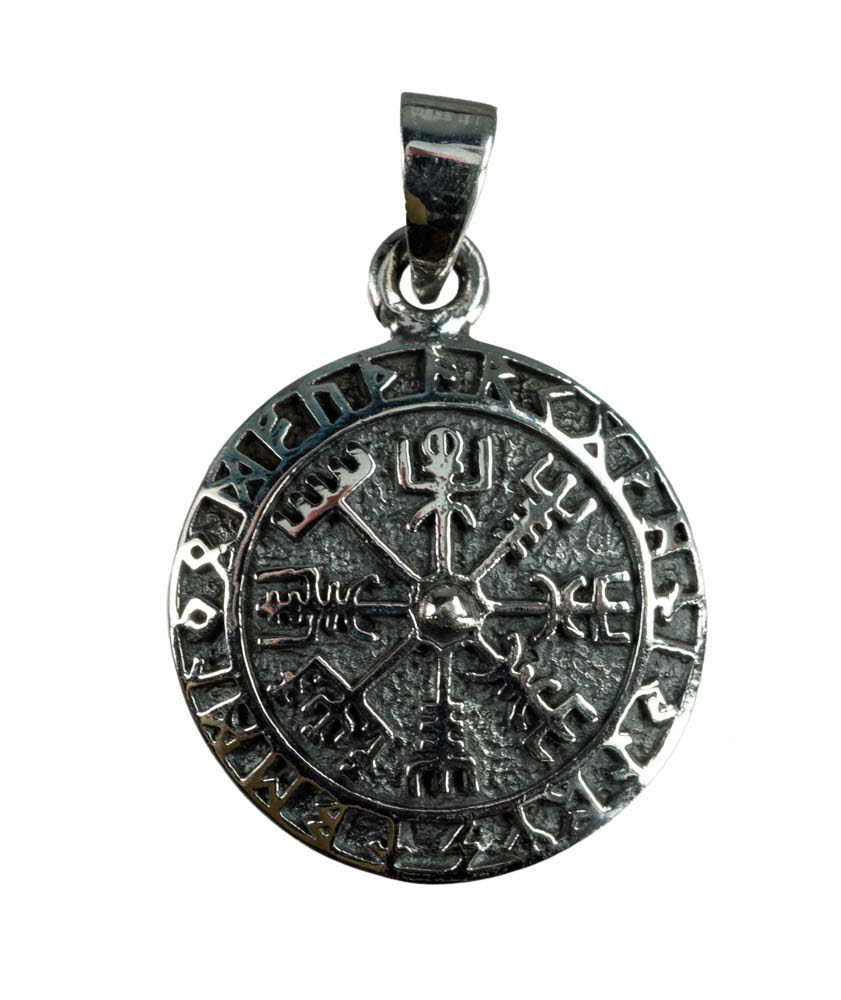 Pendentif Vegsivir Viking Boussole Nordique en Argent Runes
