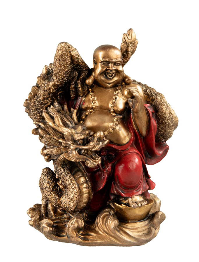 Statue Bouddha rieur et son Dragon en résine - Décoration