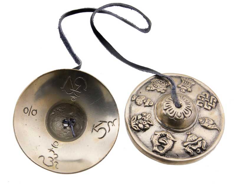 Cymbales Tingsha tibetaines 70mm Symboles auspicieux Crotale avec etui