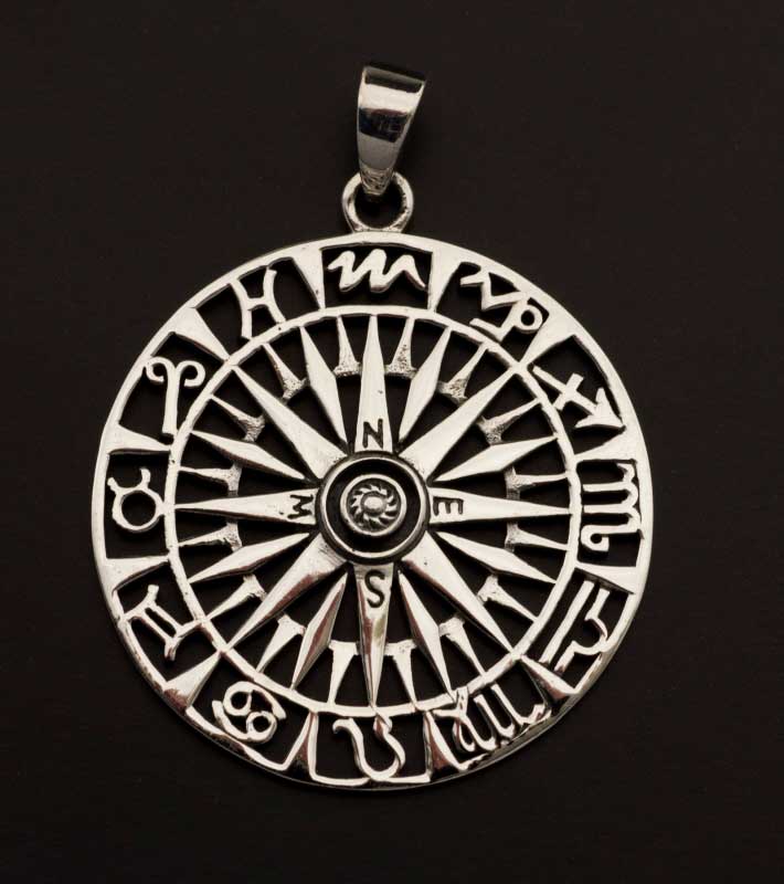 Medaille Boussole Pendentif Rose des Vents signes zodiaque Argent 925