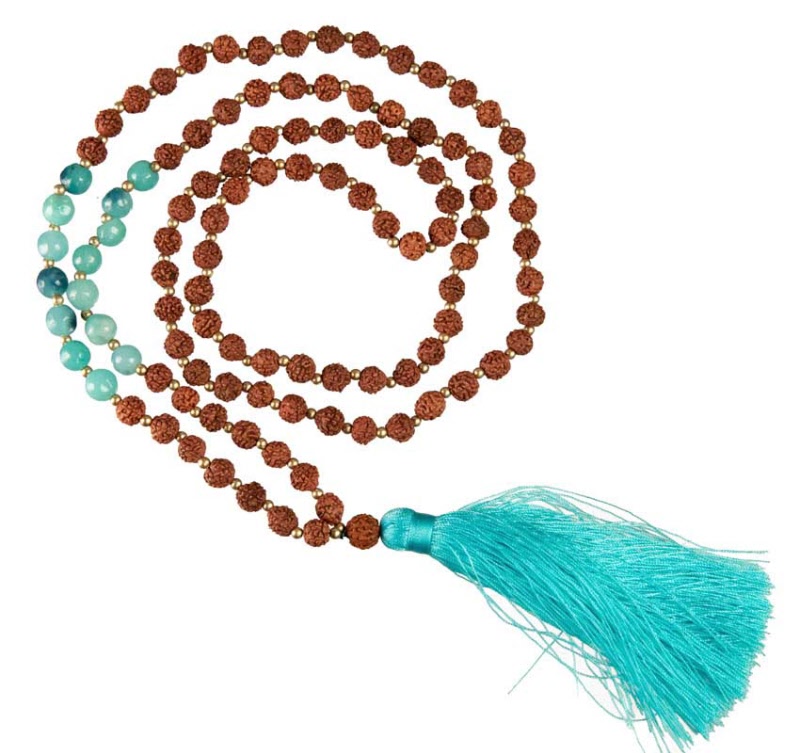 Collier mala rudraksha turquoise & or Escale Sensorielle bijoux yoga