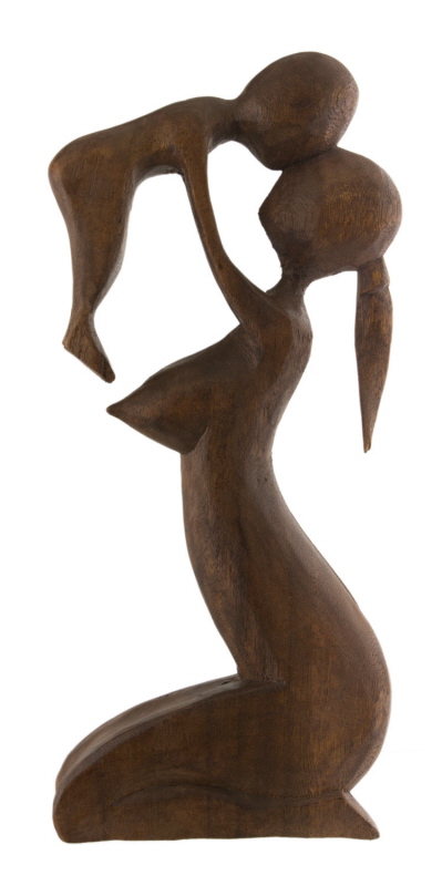 Statuette abstraite Maman et Bébé en bois massif sculpté main.