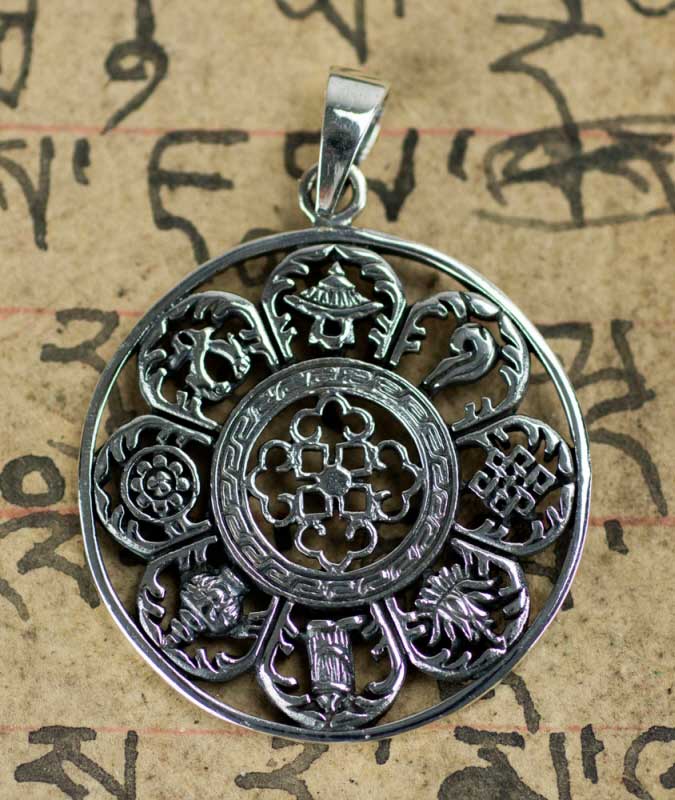 Pendentif Bouddhiste Astamangala et Om en Argent 925 (3.9g
