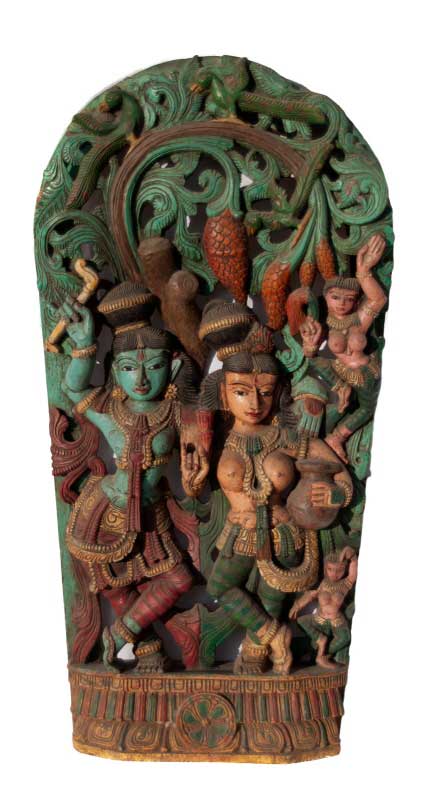 Char de temple-Sculpture bois Hindou Vishnu et Lakshmi
