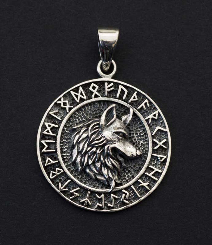 Pendentif Tête de Loup Fenrir Viking Talisman Runes Argent massif