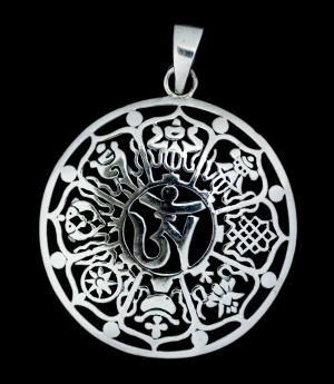 Pendentif Bouddhiste Astamangala Om – Argent Massif 925, 5.2g, Bijou Spirituel